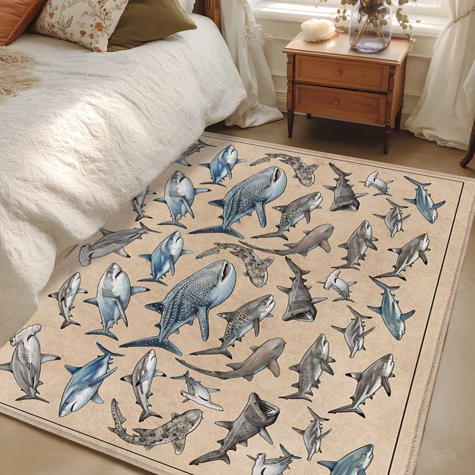 Area Rugs 2.7'x5', Ocean Sharks Carpet for Living Room Bedroom Dining Room, Vintage Coastal Underwater Animals Brown Throw Kitchen Rugs Non Slip Washable Rectangle Indoor Outdoor Rugs
