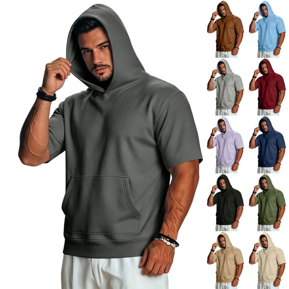 Short Sleeve Hoodies for Men Running Vintage Hooded Shirts for Men with Pocket Light Blue 2XL