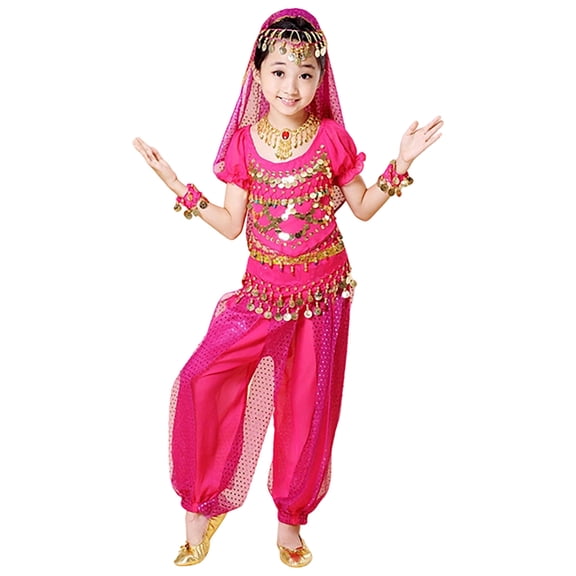 Weebloom Girls Outfits Dance Performance Outfit Belly Dance Ethnic Practice Dress Children Folk Dance Wear Design Girl Clothes Set Size 7-8 Years Pink