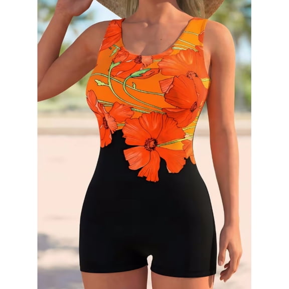 Women’s Orange Floral Print Boyleg One-Piece Swimsuit, UPF 50 Scoop Neck Athletic Bathing Suit, Quick-Dry Swimwear