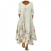 TopLLC Bohemian Dresses for Women Long Sleeve Crew Neck Floral Print Boho Dress Loose Cotton Linen Long Dresses