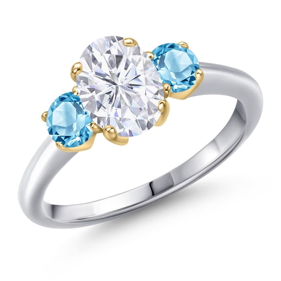 Gem Stone King 925 Silver and 10K Yellow Gold White Moissanite and Swiss Blue Topaz Engagement Ring for Women | 2.21 Cttw | Oval 8X6MM | Gemstone Birthstone | Size 5
