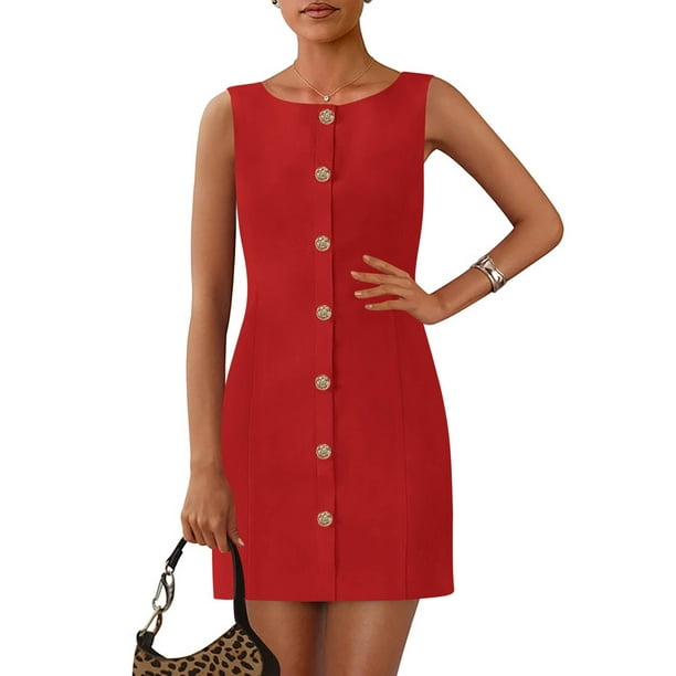 Vestido de trabajo PRETTYGARDEN 2025 Primavera sin mangas rojo para mujer