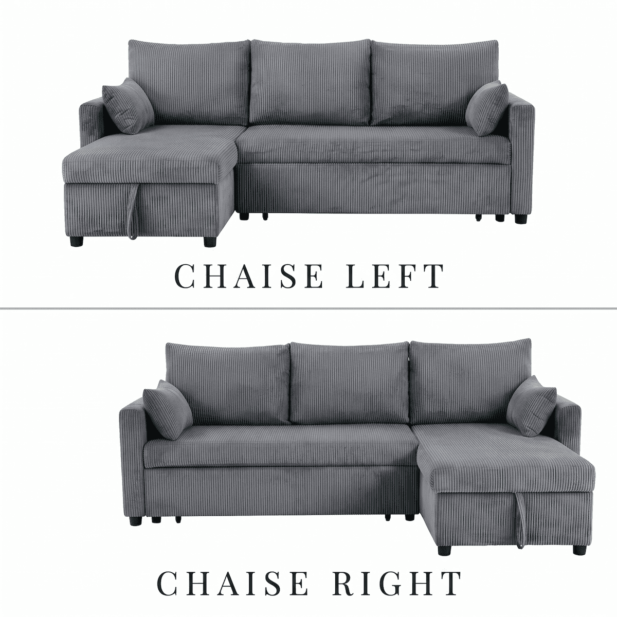 Xiweot 85" Sectional Sofa Bed, L Shaped Sleeper Sofa with Pull Out Bed & Storage Chaise, Corduroy 3 Seat Sectional Couch for Living Room Apartment Small Space (Black) (Gray)
