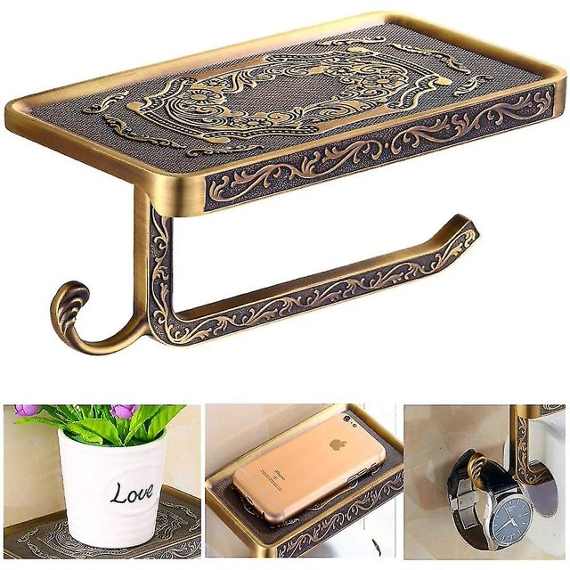Soporte de papel higiénico de bronce, soporte de papel higiénico de latón antiguo, soporte de papel de baño montado en la pared Premium con estante y gancho kaili Sencillez