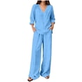 thumbnail image 2 of Bloomae Women's Loungewear Set 2 Piece Cotton Linen V Neck Long Sleeve Shirt & Wide Leg Pants with Pockets Lightweight Casual Solid Color Loose Fit Summer Outfit Light Blue XL, 2 of 7