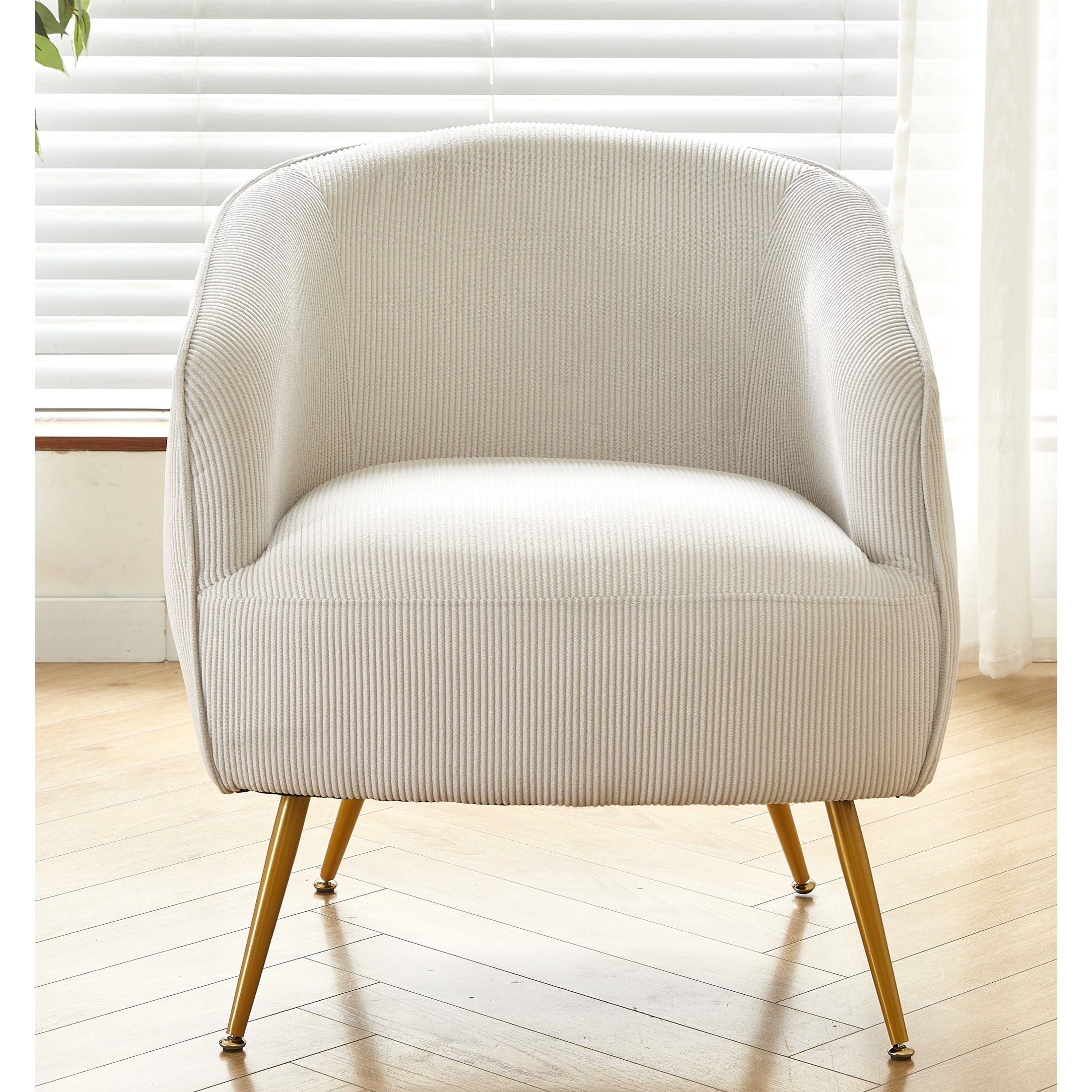 GDF Studio Modern Barrel Accent Chair with Corduroy Upholstery & Gold Metal Legs, Beige