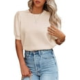 thumbnail image 2 of Yesfashion Womens Puff Short Sleeve Sweater Tops Crewneck Basic Knit Solid Pullover Blouse, 2 of 6