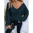 thumbnail image 4 of Women Off the Shoulder V Neck Sweater Top Fitted Long Sleeve Shirt Tie Back Sweater Royal Blue M, 4 of 8