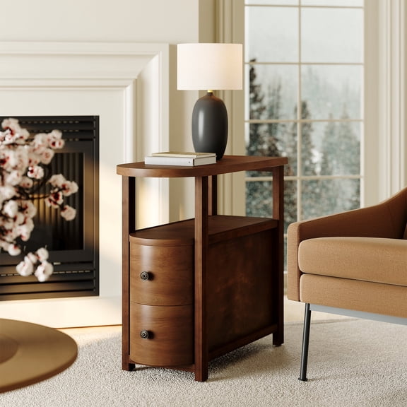 Finmind Solid Wood End Table with 2 Drawers, Fully Assembled Narrow Side Table, Slim Nightstand for Bedroom, Walnut Brown