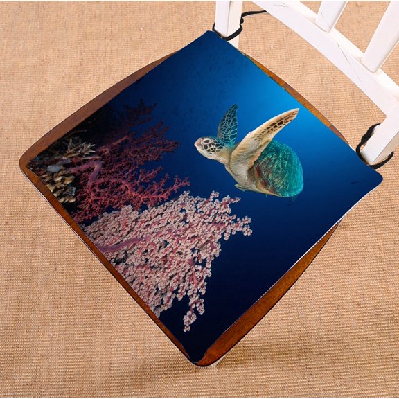 PHFZK Underwater Ocean Animal Chair Pad, Sea Turtle at the Coral Reef Seat Cushion Chair Cushion Floor Cushion Two Sides Size 16x16 inches
