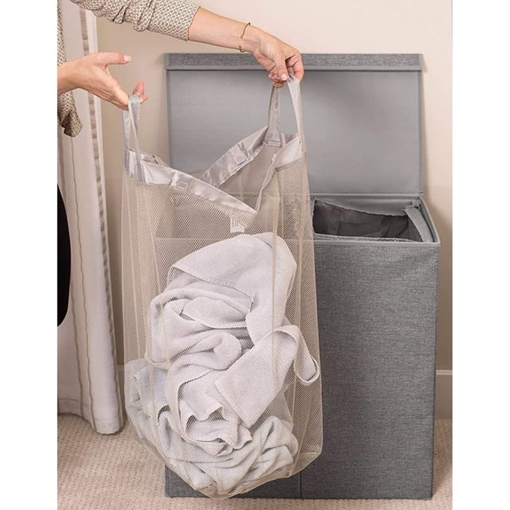 TEAFIRST Double Linen Laundry Hamper with Lid , Washing Clothes Storage Folding, for Home, Grey