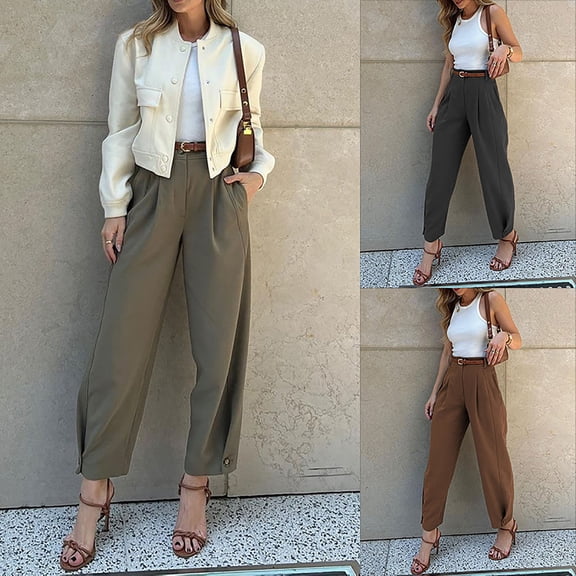 Women's High Waisted Cropped Wide Leg Pants Trousers Slacks Solid Color Loose Fit Stretchy Soft Flowy Casual Business Office Work Lounge Wear Travel Essentials for Women | Aestivo,Army Green L