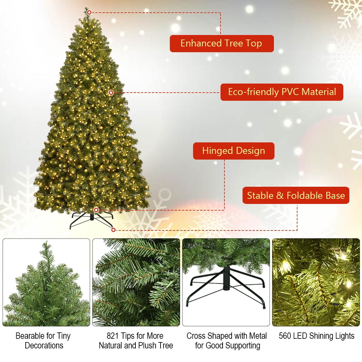 6Ft Pre-Lit Dense PVC Christmas Tree Spruce Hinged w//560 LED Lights /& Stand