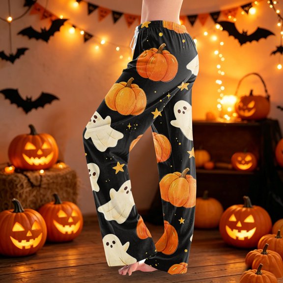 Halloween Lounge Pants for Women Spooky Ghost Print Stretch Casual Pajama Pants Drawstring