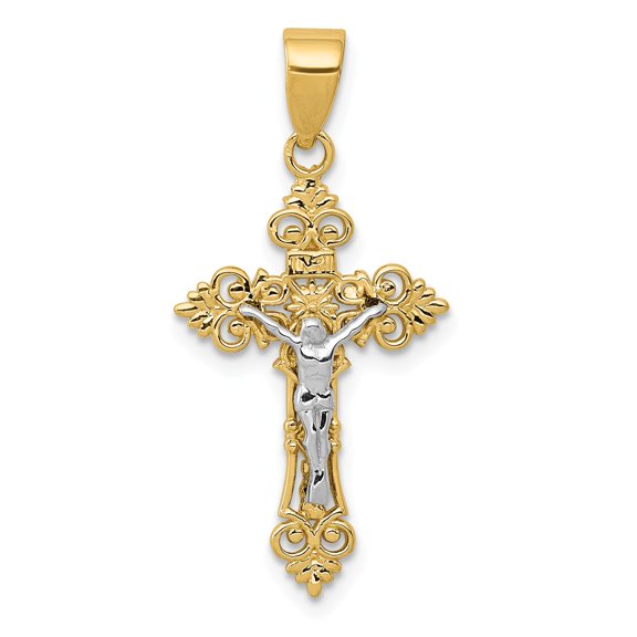 Real 14kt Yellow Gold Two-Tone Small Lacy-Edge Inri Crucifix Pendant; for Adults and Teens; for Women and Men