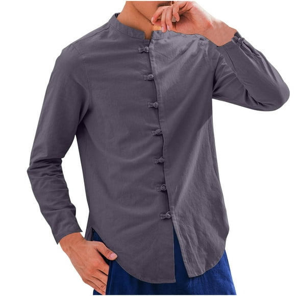 Fengqque Traditional Clothing Chinese Style Shirts Men Long Sleeve Retro Solid Color Stand-up Collar Loose Men's Tops Gray L(L)