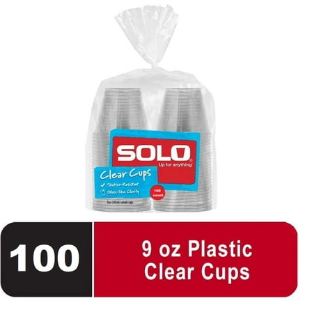 Solo Party Disposable Plastic Cups, Clear, 9 oz, 100Count