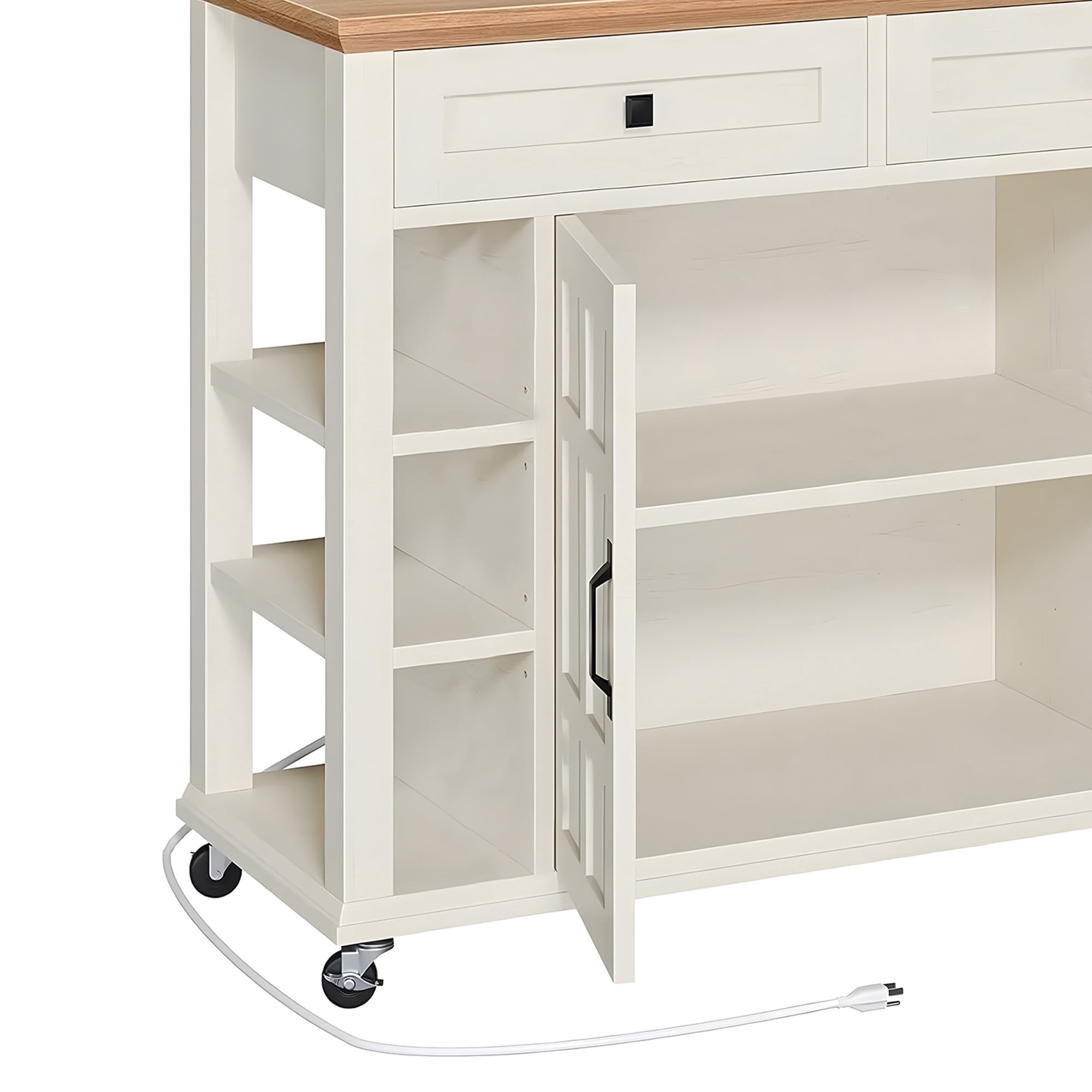 ModFusion 45" Kitchen Island Cart Drop Leaf Power Outlet Rolling Storage Cabinet Drawers Side Shelves