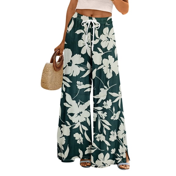 Women Summer Floral Print Wide Leg Pants Elastic Drawstring High Waist Casual Trousers with Pockets Green L