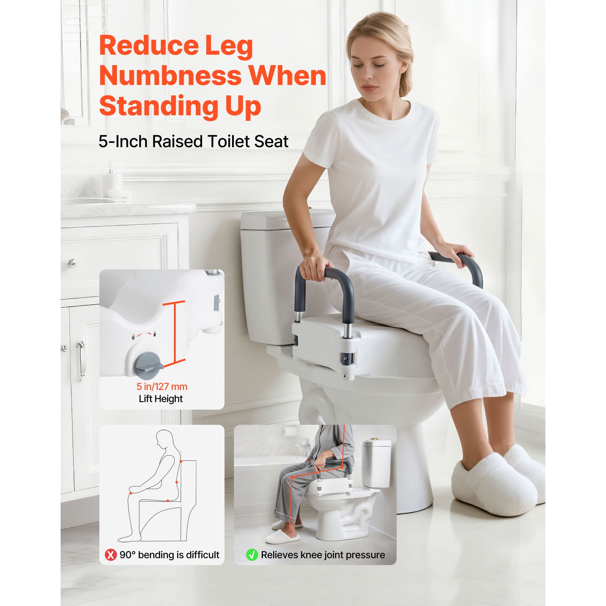 KFFKFF Raised Toilet Seat with Arms, 300 lbs Weight Support, 5-Inch Height Increase, Wide Elevated Commode Seat with Cushioned Handles for Seniors, Adults, and Individuals with Disabilities