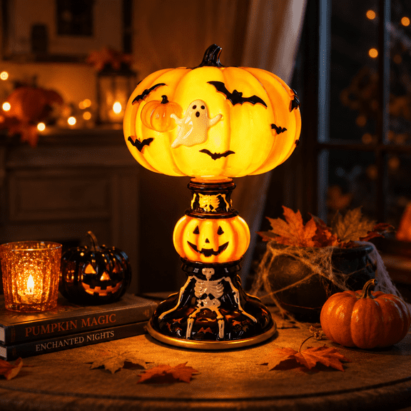 Halloween Pumpkin Ghost Night Light, Orange Resin Table Lamp with Warm LED Glow, Spooky Decor for Bedroom Desk Bar Mantel Party Home
