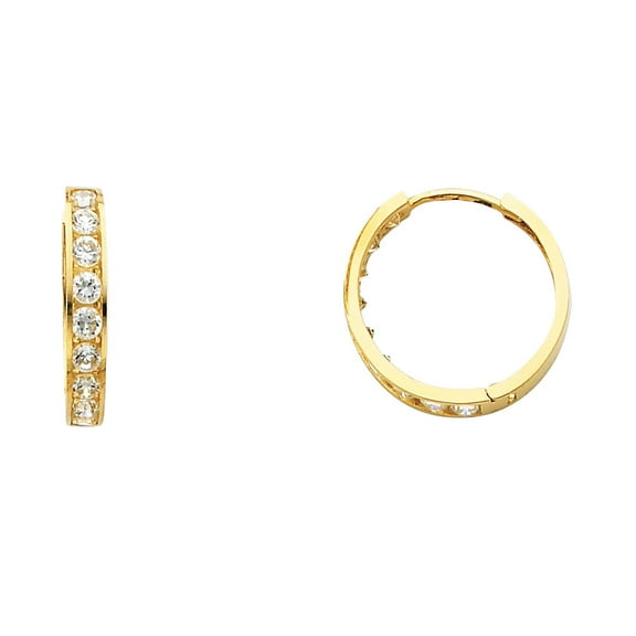 Solid 14k Yellow Gold CZ Huggie Hoop Earrings Huggies Hoops Round CZ Style Polished Fashion 17 mm