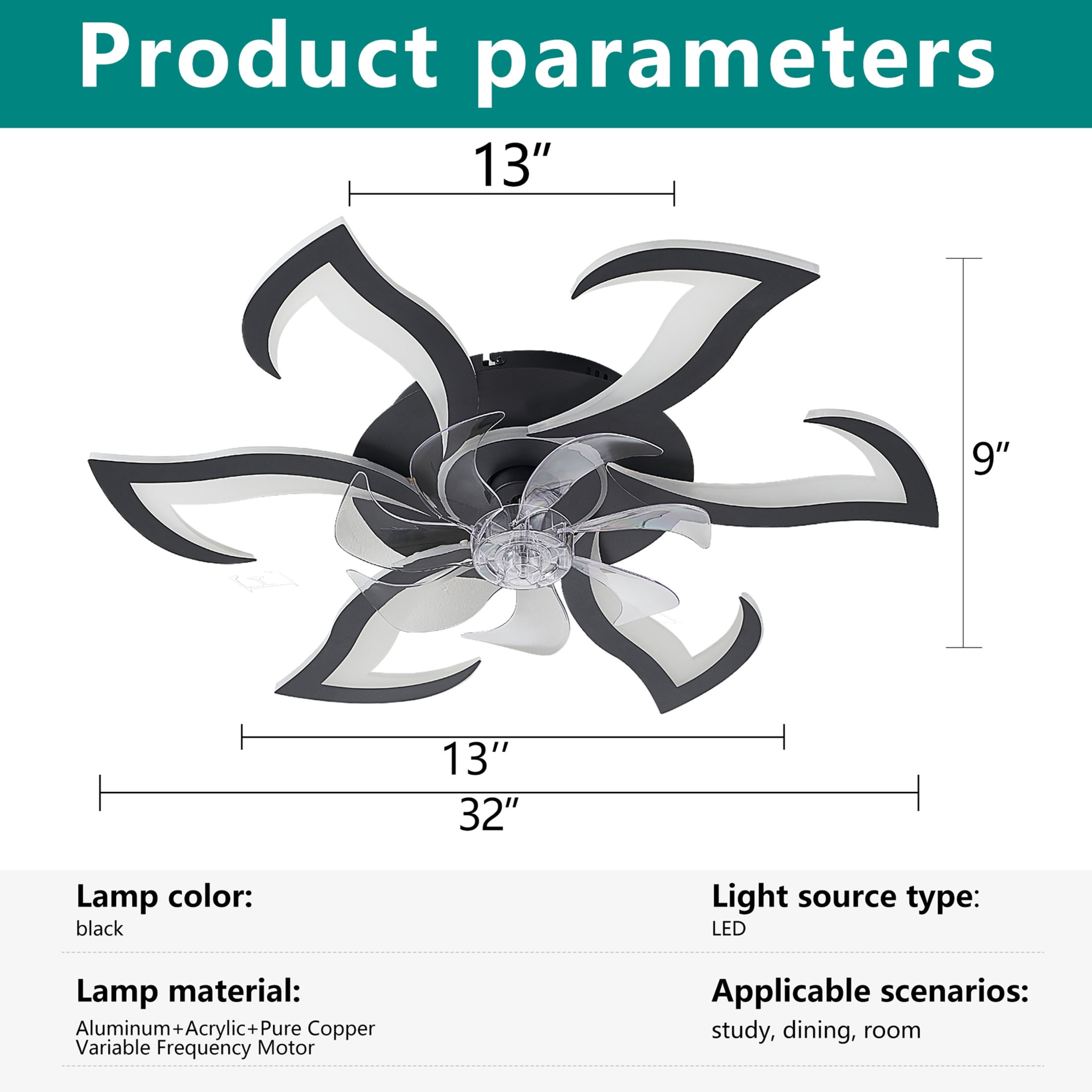 GDF Studio 6-Head Flower Modern Ceiling Fan with LED Lights & Remote Control, Low Profile Flush Mount Fandelier, Black