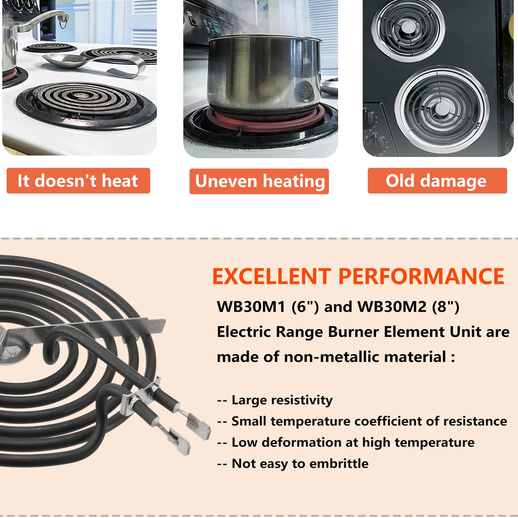 WB30M1 and WB30M2 Electric Stove Burner Element Replacement Compatible with GE Hotpoint Electric Range Stove - 2 * 8" and 2 * 6"
