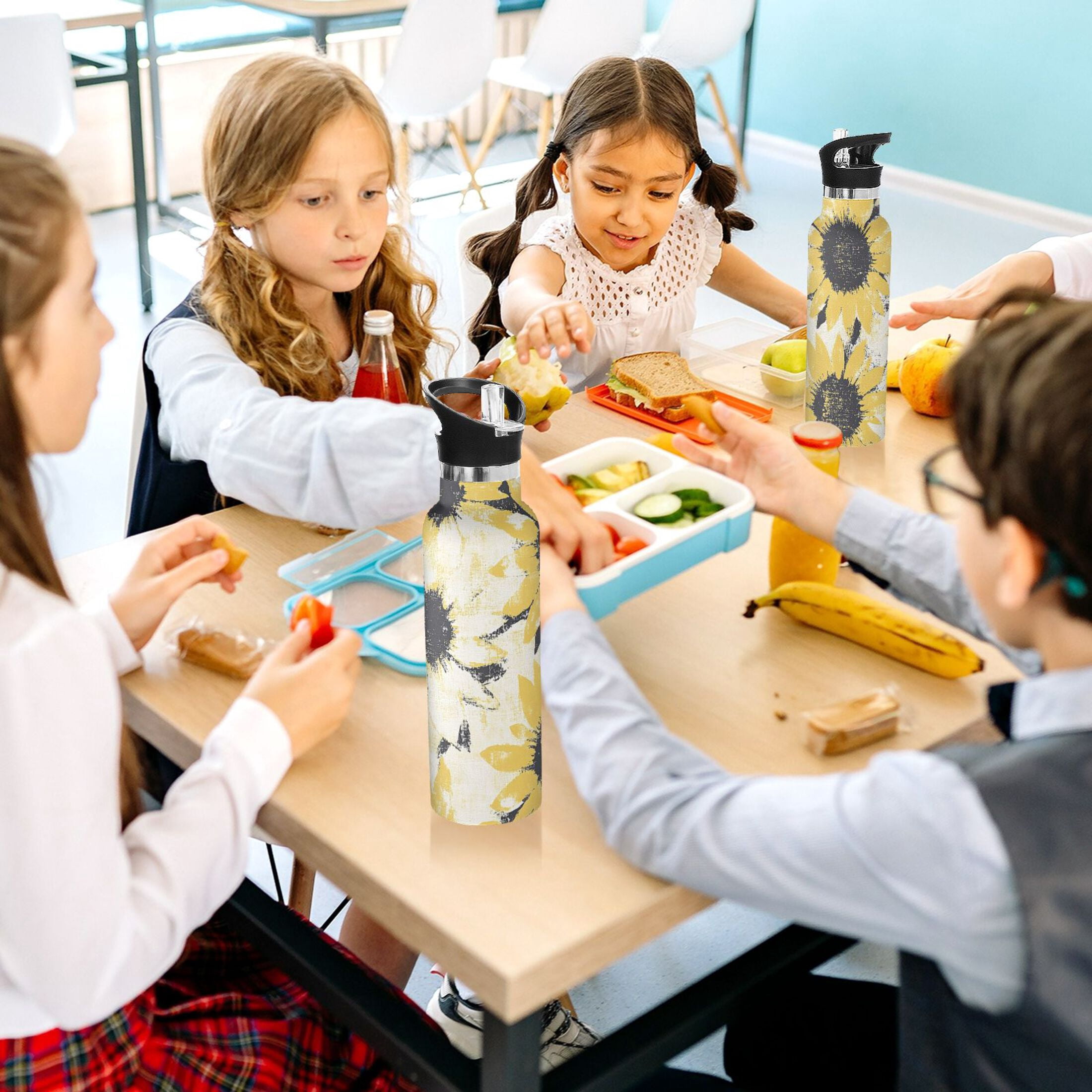 Kids Insulated Stainless Steel Sports Water Bottle 600ml (20oz) Yellow and White Sunflower