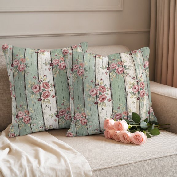 Retro Pastoral Pink Flower Waterproof Throw Pillow Covers Set of 2 Farmhouse Sage Green Wood Plank Outdoor Cushion Cover Pillow Protector Decorative Pillowcases for Bed Sofa Couch,18x18in