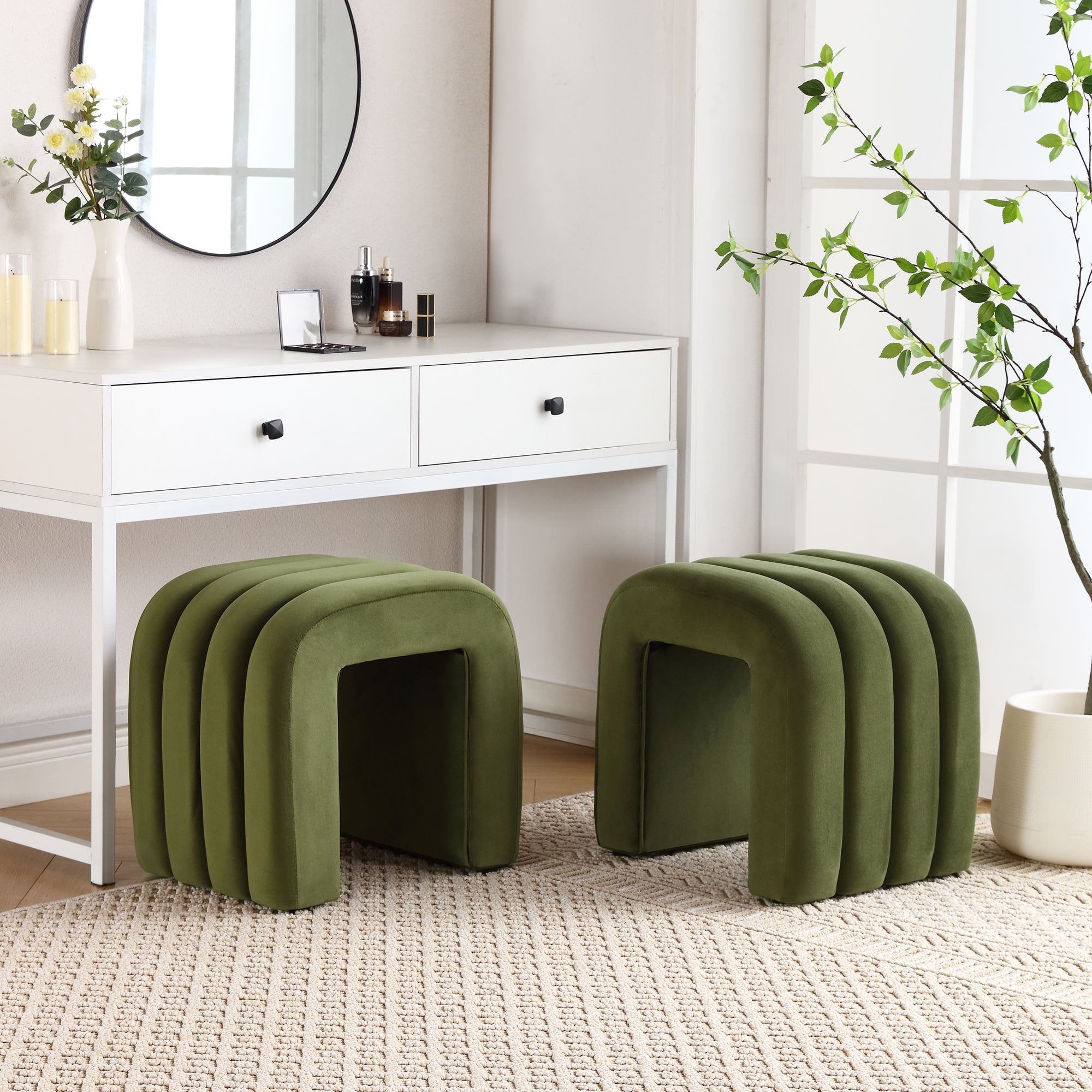 Zesthouse Multi-Functional Ottoman Stool, Tufted Velvet Foot Stools Ottoman for Couch, Modern Vanity Stool for Living Room, Bedroom and Entryway, Green