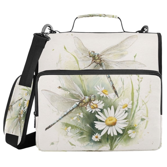Water-Resistant 3-Ring Binder Organizer with Multiple Pockets Zipper Binder Bag for Office Dragonflies with White Daisies