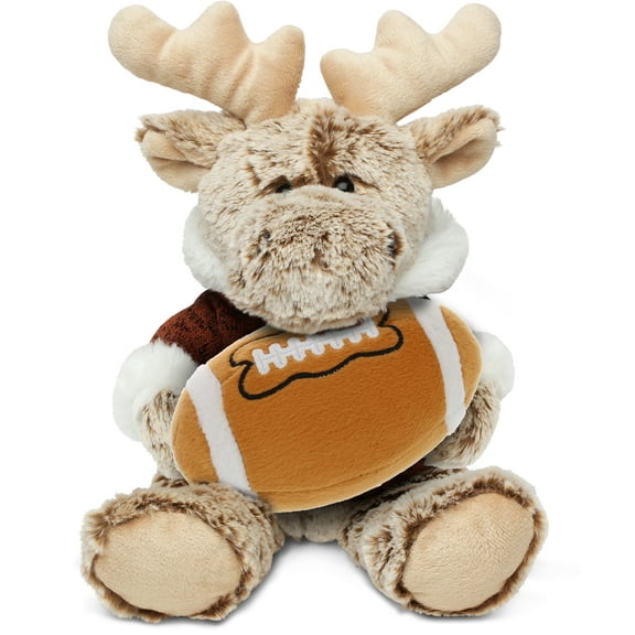 DolliBu Moose Stuffed Animal with Football Plush - Soft Moose with Brown Hooded Sweater, Adorable Playtime Plush Toy, Cute Wildlife GiftPlush Doll Animal Toy for Kids, Adults - 7 Inch