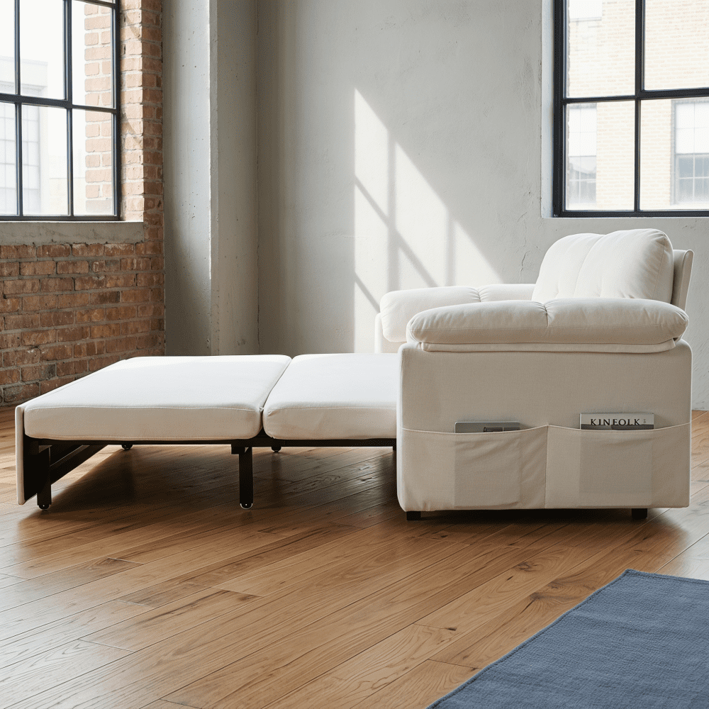 72" Chenille Fabric Sleeper Loveseat Couch, Pull-Out Couch Bed with Silent Casters, Convertible Loveseat Sofa Bed with Side Storage for Living Rooms, Studios, Beige