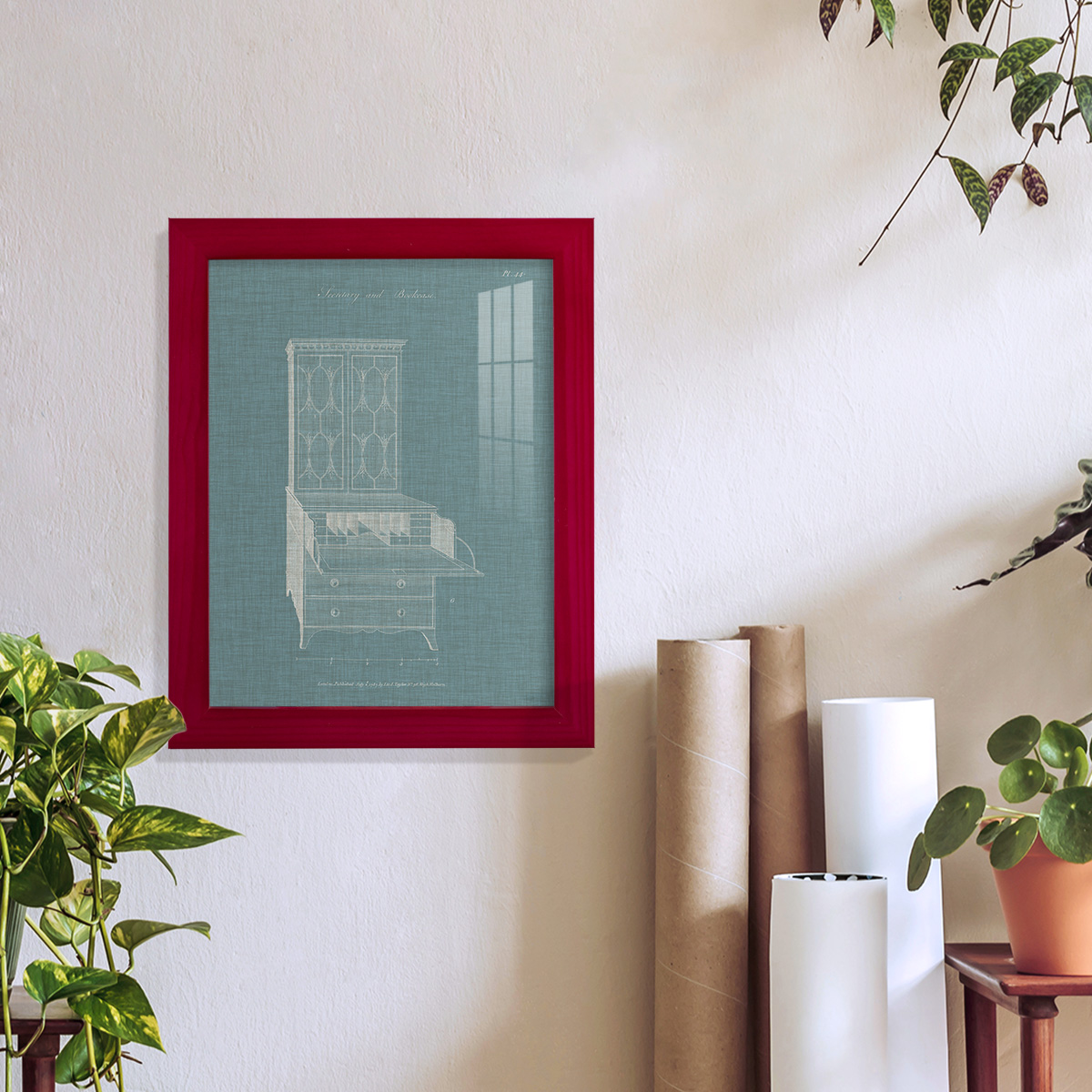 Hepplewhite Desk & Bookcase I - Framed Print w/glass - Cherry Red