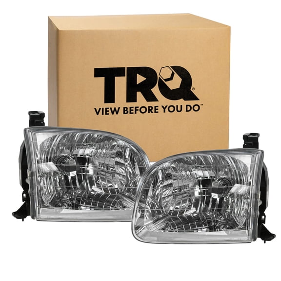 TRQ 2 Piece Headlight Assembly Set Chrome Bezel Driver & Passenger Side Fits 2001-2004 Toyota Sequoia 2004 Tundra Crew Cab