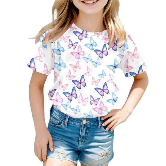 WERYOUNG Child Kids Butterfly Print Short Sleeve T-Shirt Tops Casual Tee, 10-11 Years