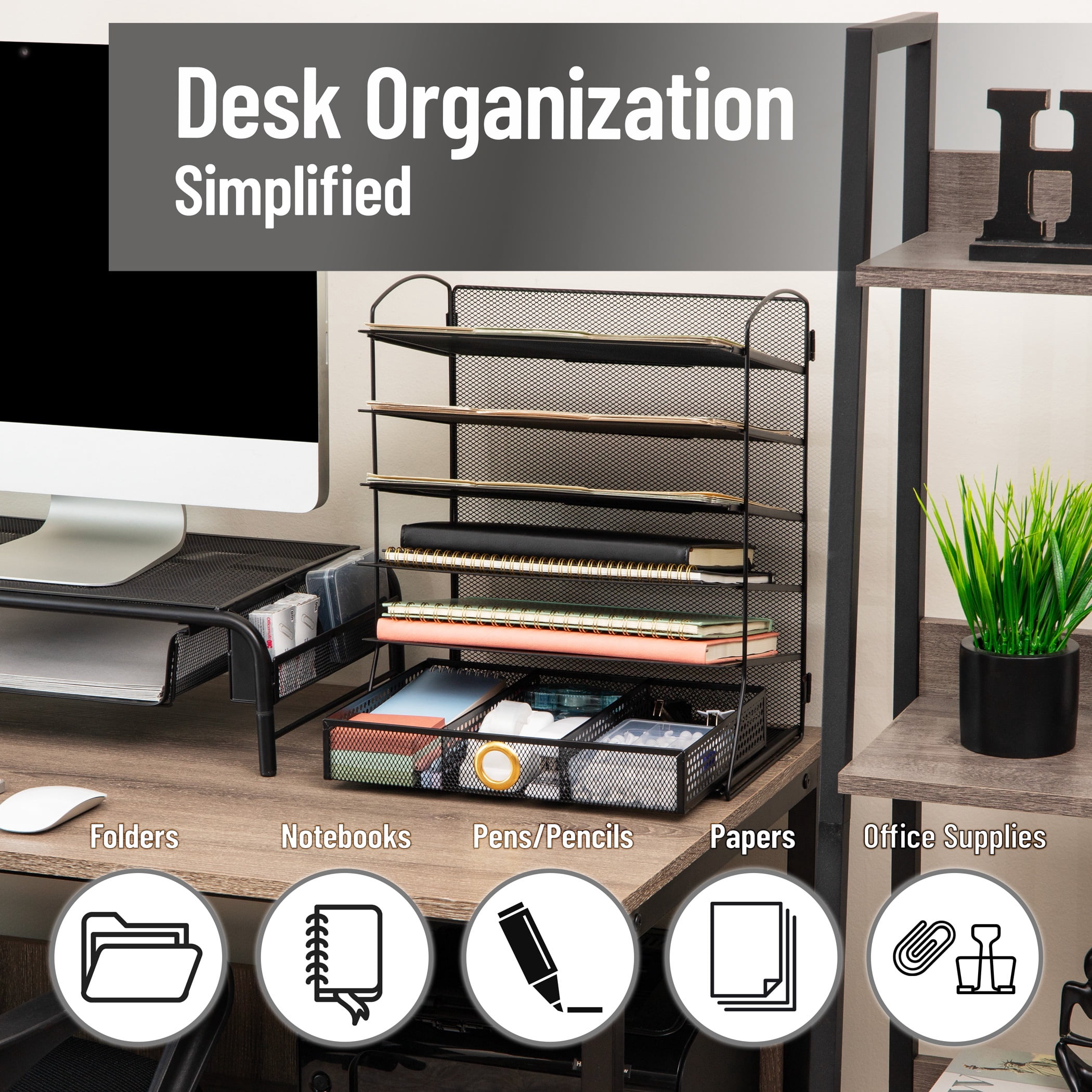 Mind Reader 5 Tier Metal Mesh Desk Organizer with Sliding Trays and Drawer in Black