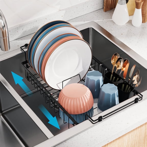 NUBILY Expandable in Sink Dish Drying Rack - Capacity Adjustable Stainless Steel Over The Sink Dish Drainer with Lock Knob and Utensil Holder for Kitchen Sink, 12.4"-17.1" L x 11.81" W, Black