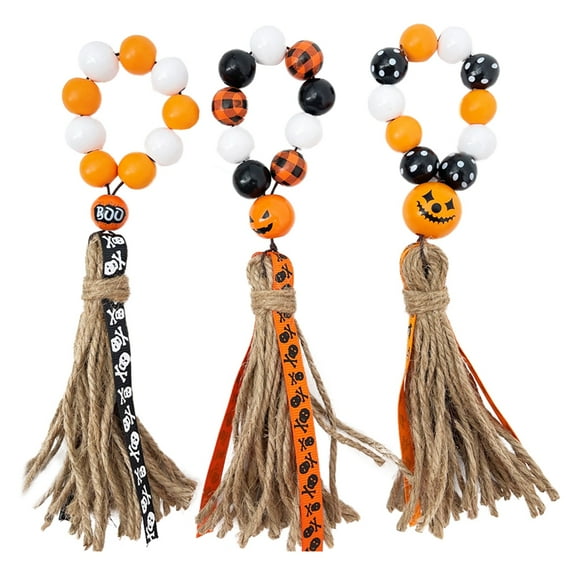 3 PCS Fall Wood Bead Garland Halloween Wooden Bead Tassels Ornament Thanksgiving Harvest Farmhouse Wooden Bead Tiered Tray Prayer Wreath Wall Fireplace Hanging Decorations