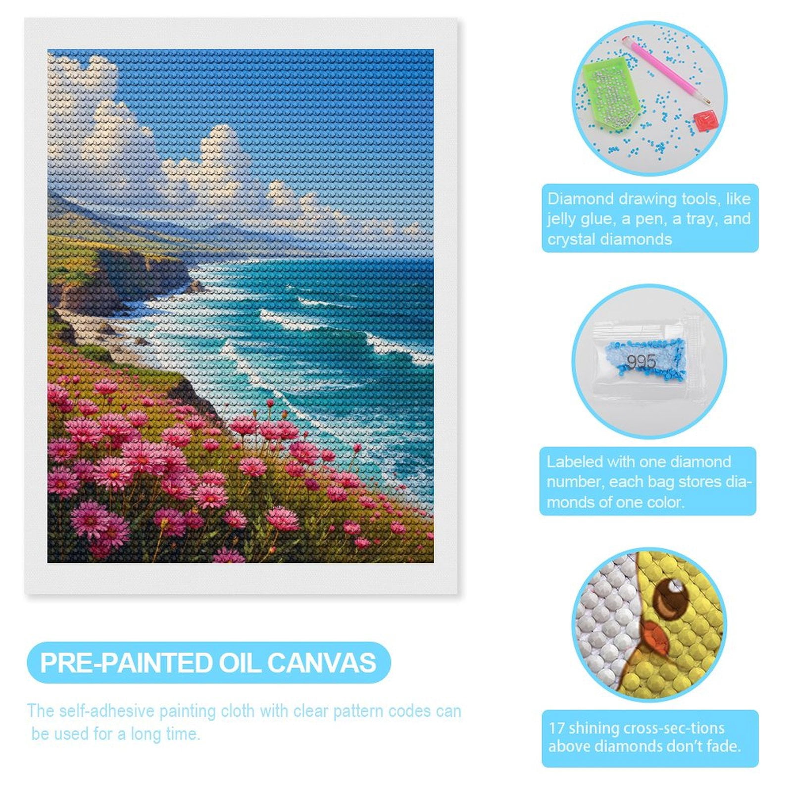 Diamond Art Kits for Adults, Coastal Flower Ocean View Bays 5D Diamond Painting Kits for Adults Beginners, DIY Full Drill Diamond Painting, Gem Art and Crafts 12x16