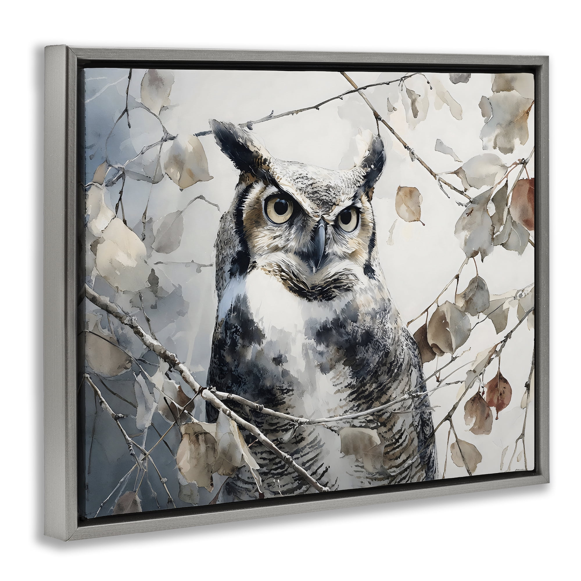 Stupell Industries Horned Owl Perched Gray Framed Floater Canvas Wall Art, design by Franklyn Gregory