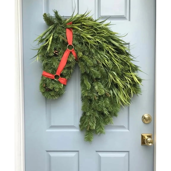 Homesteed Horse Head Wreath Rustic Farmhouse Door Decor Handmade Christmas Wreath Greenery Holiday Wreaths for Front Door Barn Porch Decor