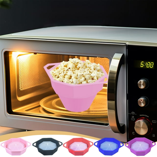 Tazón de palomitas de maíz de silicona | Grado alimenticio | Cubo plegable apto para microondas con tapa | Asas dobles | Fácil limpieza | Resistente a altas temperaturas | Múltiples colores