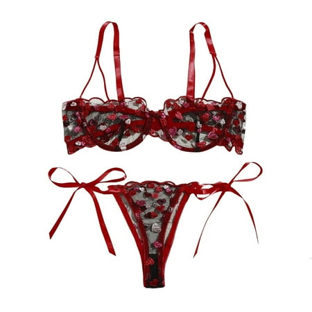 

KDDYLITQ Women Babydoll 2 Piece Bra and Panty Set Lace Up Lace Embroidered Sexy Lingerie Sets Red XXL