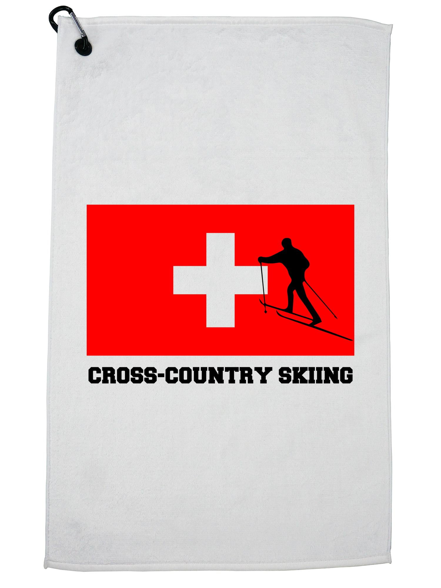Switzerland Olympic Cross-Country Skiing Flag Silhouette Golf Towel with Carabiner Clip by Hollywood Thread