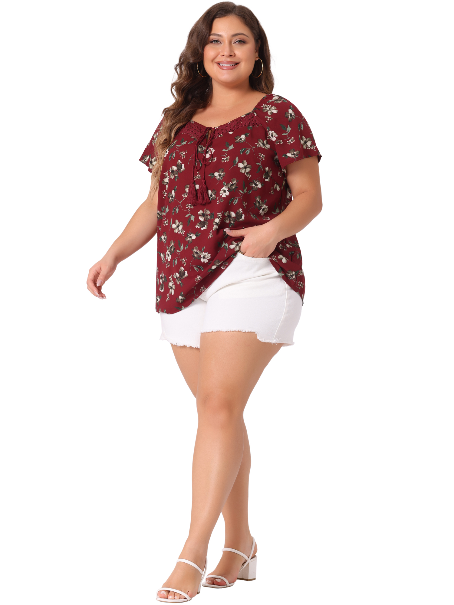 DARING DIVA Women's Plus Short Sleeve Tie Neck Floral Casual Blouse 3X Burgundy