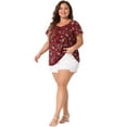 thumbnail image 3 of DARING DIVA Women's Plus Short Sleeve Tie Neck Floral Casual Blouse 3X Burgundy, 3 of 6