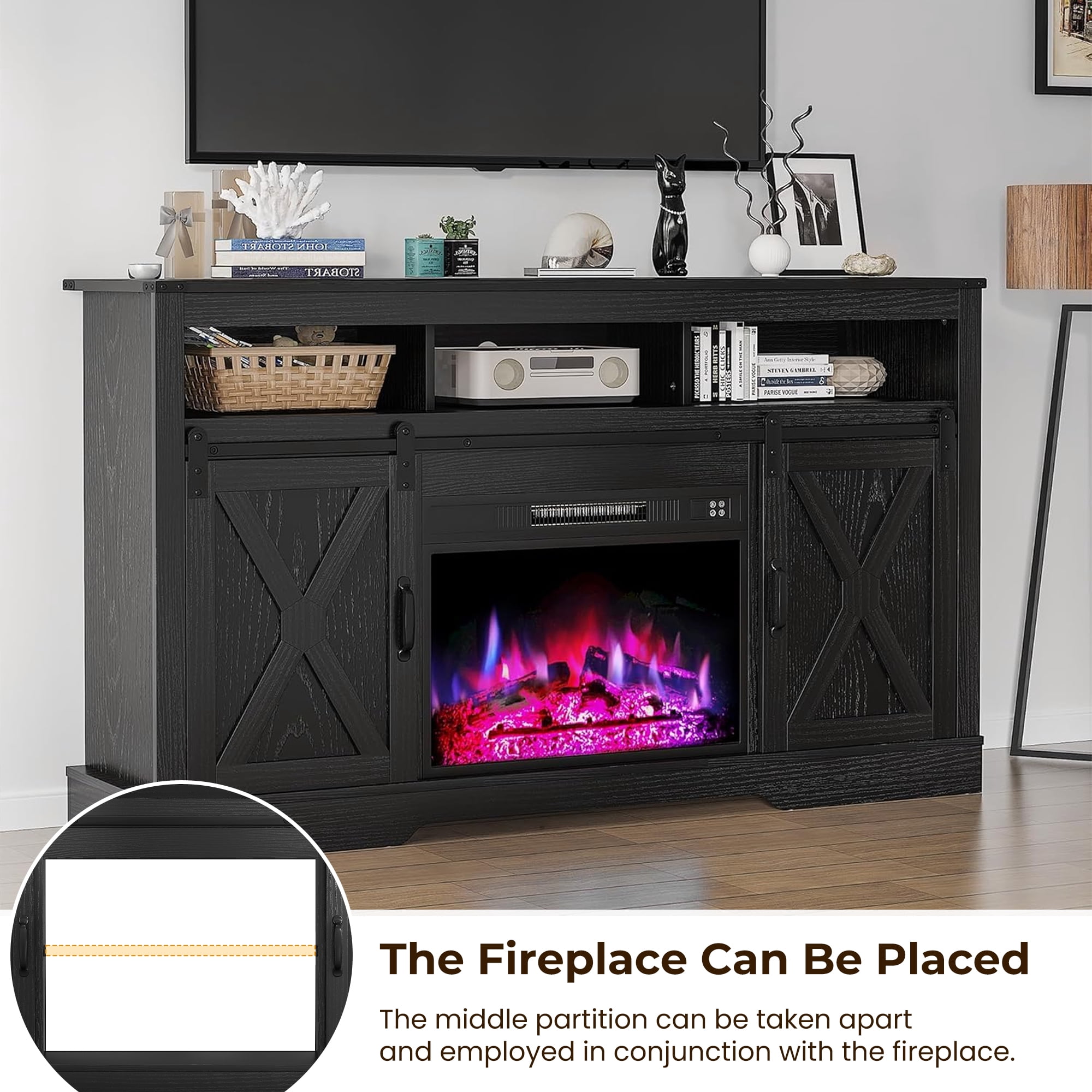 May in Color 34'' Tall TV Stand for 65"+ Inch TV, Farmhouse TV Console for 23" Fireplace, with Sliding Bar Door, Rustic Entertainment Center for Living Room, Bedroom (Black)